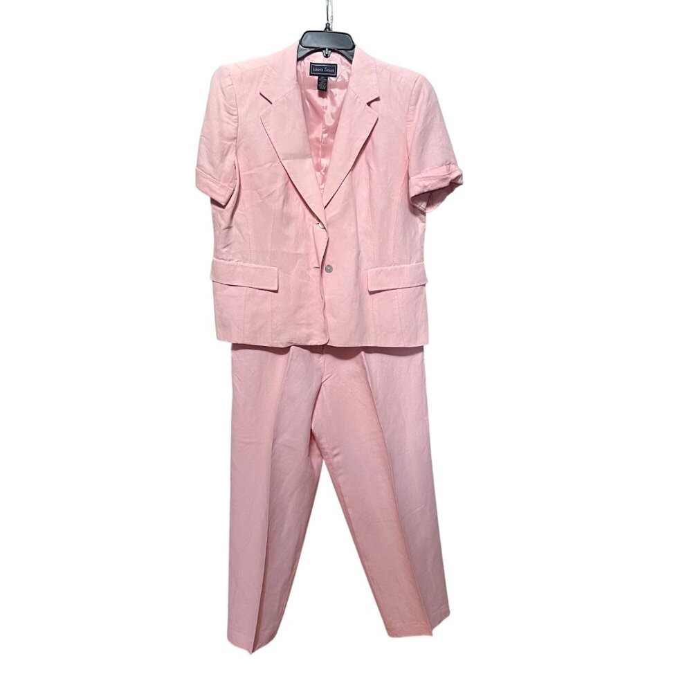 Laura Scott‎ Tailored Pink Linen Blend 2-Piece Pant Suit Career Office 16P READ